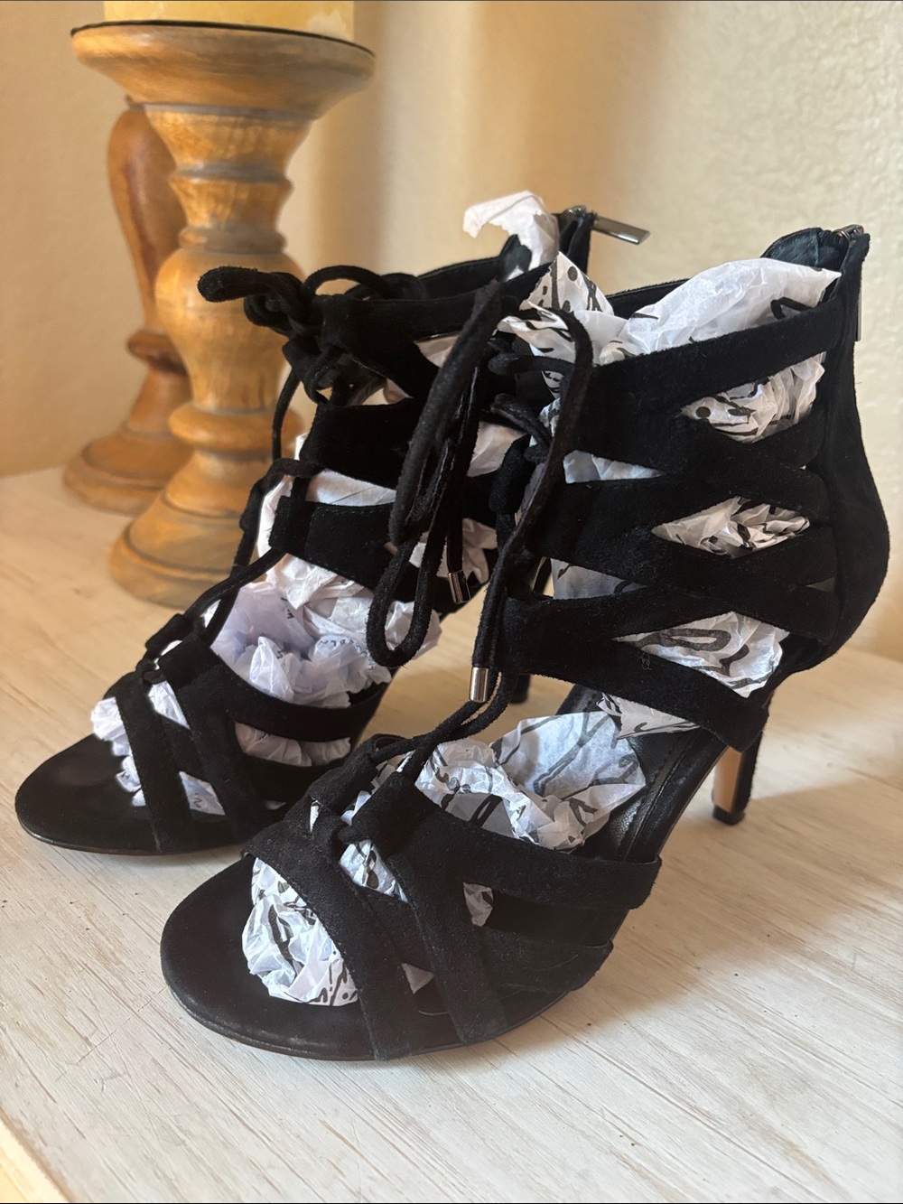 White House Black Market Black Suede Lace-Up Strappy Heels